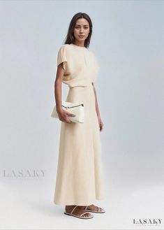 Lasaky - Delicate Curve-Framed Wrap Style Dress Elegant Cream Midi Dress For Day Out, Casual Beige Maxi Dress For Evening, Elegant Cream Maxi Dress For Day Out, Casual Beige Midi Dress For Evening, Elegant Cream Maxi Dress With Short Sleeves, Cream Maxi Dress For Spring Workwear, Womens Evening Wear, Loungewear Dress, Luxurious Dresses