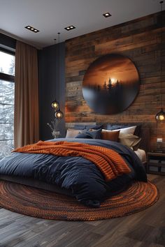 a bedroom with wood paneled walls and a round bed