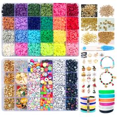 many different types of beads and bracelets in plastic containers on a white background with clippings for each bead