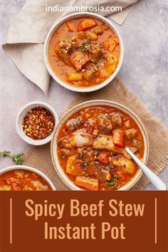 two bowls filled with stew sitting on top of a table next to another bowl full of stew