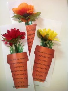 three flower vases with flowers in them on paper