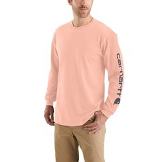 Men's heavyweight cotton t-shirt. Since 1889, Carhartt has made durable workwear you can count on as you tackle the toughest jobs. This men's long-sleeve t-shirt bears the name proudly on the sleeve. It's made of heavyweight cotton jersey and cut generously for a roomy fit. FeaturesMost colors: 6.75-ounce, 100% cotton jersey knit; Heather Gray: 90% cotton / 10% polyester jersey knitRib-knit crewneck and cuffs hold their shape throughout the daySide-seam construction minimizes twistingCarhartt si