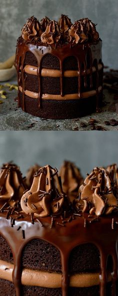 two pictures of a chocolate cake with frosting on top