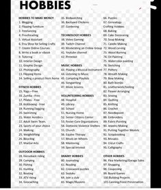 a printable list for hobbies