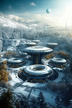 an artist's rendering of a futuristic city surrounded by trees and snow covered hills