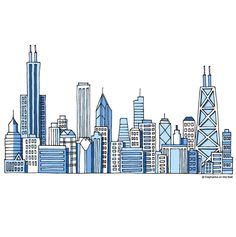 a blue and white drawing of a cityscape with skyscrapers in the background