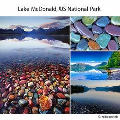 the lake mcdonaldd, u s national park is shown in four different pictures including rocks and water