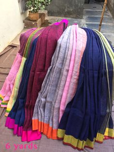 Popping colors on these #linen #saris! Perfect to pair up with this summer!  #iwearhandloom #handwoven Normal Saree, Popping Colors, Blue Silk Saree, Kota Silk Saree