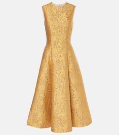 Mara floral embossed jacquard midi dress in gold - Emilia Wickstead | Mytheresa Luxury Jacquard Dresses For Party, Gold Midi Evening Dress, Gold Evening Midi Dress, Luxury Gold Midi Dress For Evening, Gold A-line Silk Dress, Formal Gold Jacquard Dress, Gold Jacquard Party Dress, Gold Knee-length Dress For Gala, Floral Print Midi Dress For Gala