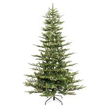 a green christmas tree with white lights on it's top and branches in the shape of a cone