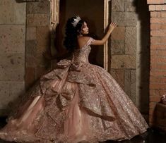 Rose Gold Quinceanera Dresses With Bow, Prom Dress Sparkly, Gold Quinceanera, Quince Stuff