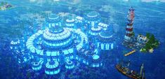 an aerial view of a futuristic city in the ocean