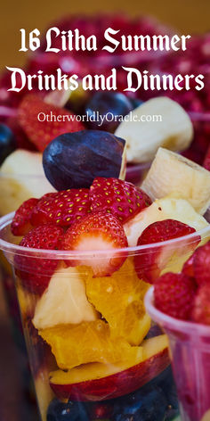 fruit salad in plastic cups with strawberries, bananas and blueberries on the side