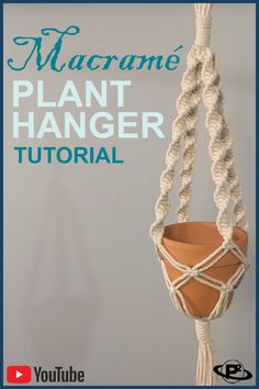 the macrame plant hanger is made from rope and has a potted plant in it