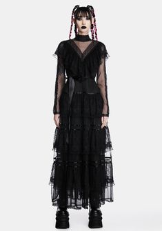 Long Sleeve Lace Maxi Dress With Ruffles, Gothic Goddess, Goth Dresses, Punk Plaid, Rave Dress, Occult Fashion, J Valentine, Fall Fashion Skirts, Gothic Emo