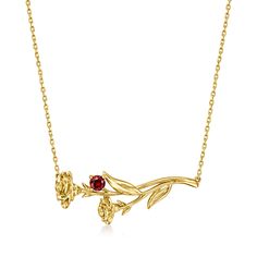 Ross-Simons - .10ct Garnet Carnation Flower Necklace in 14kt Yellow Gold. 16". RS Pure. Modern designs that complete your outfit and complement your personality. Something sweet for your minimalist collection, this dainty 14kt yellow gold carnation flower necklace sparkles with a .10 carat round garnet. Perfect for January birthdays! Stationed on a simple cable chain with a 2" extender. Springring clasp, garnet carnation flower necklace. Garnet birthstones are the perfect gift for January birthd Delicate Yellow Gold Flower Necklace, Gold Flower Shaped Gemstone Necklace, Fine Jewelry Yellow Gold Garnet Necklaces, Elegant Yellow Gold Garnet Necklace, Garnet Snowflake Necklace, Spiritual Necklace, Garnet Birthstone, Lotus Pendant, Beautiful Symbols