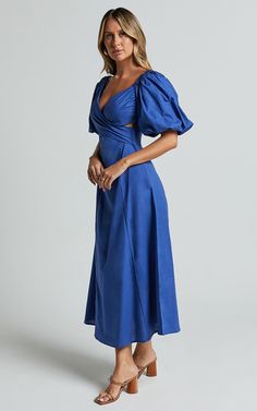 Amalie The Label - Janae Linen Blend Puff Sleeve Cut Out Midi Dress in Blue | Showpo USA Cut Out Midi Dress, Basic Black Dress, Spring Maxi Dress, Neon Outfits, Bachelorette Dress, Long Sleeve Knit Dress, Sparkle Dress, Strapless Tops, Brown Skin