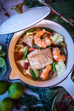 thai fish and shrimp sour soup in pot on the table. Thai Vegetable Soup, Thai Soups, Fish Head Soup, Healthy Hearty Meals, Street Food Thailand, Food Thailand, Thai Soup, Thailand Food, Curry Soup