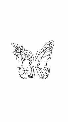 a black and white drawing of a butterfly with flowers