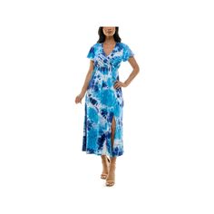 Step into a fresh style with this gorgeous Women's Nina Leonard Tie Dye Print Flutter Sleeve V-Neck Maxi Dress.Click on this WOMEN'S GUIDE to find the perfect fit and more! Step into a fresh style with this gorgeous Women's Nina Leonard Tie Dye Print Flutter Sleeve V-Neck Maxi Dress.Click on this WOMEN'S GUIDE to find the perfect fit and more! FEATURES V-neck Short flutter sleeves Elastic waist Pullover styling Unlined Straight hemFIT & SIZING Wrap silhouette 53-in. length from shoulder to hem M Blue V-neck Maxi Dress For Daywear, Casual Blue Maxi Dress With Surplice Neckline, Blue Maxi Dress With Surplice Neckline For Summer, Blue Surplice Neckline Dress For Beach, Blue Surplice Neckline Dress For The Beach, Casual Maxi Dress With Surplice Neckline For Daywear, Blue Dress With Surplice Neckline For Beach, Blue V-neck Maxi Dress For Beach Season, Blue Split Neck Spring Dress