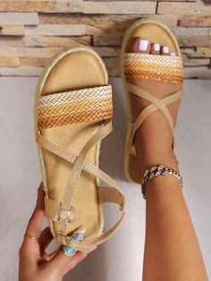 Update your beach vacation style with these woven sandals featuring a one line buckle design. The thick, textured sole and wedge heel provide comfort and stability, while the random pattern adds a unique touch. Perfect for a day at the beach or a casual evening out. Color : Multicolor Heel Height : Low Heel Upper Material : PU Leather Lining Material : PU Leather Insole Material : Suedette Outsole Material : EVA Brown Braided Sandals For Vacation, Casual Braided Sandals For Summer, Braided Open Toe Sandals For Summer, Summer Flat Braided Sandals, Summer Braided Flat Sandals, Adjustable Ankle Strap Wedge Sandals For Vacation, Brown Braided Sandals For The Beach, Flat Braided Sandals For Summer, Braided Flat Sandals For Summer