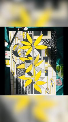 an abstract painting with yellow and black colors