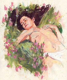 a painting of a woman laying in the grass