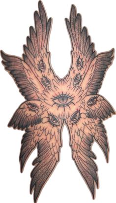 a bird with wings is shown in this tattoo art design on the back of a woman's shoulder