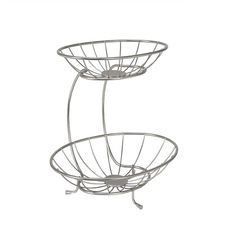 two tiered metal basket stand with wheels on each side, one holding an empty bowl