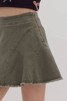 Denim ruffled mini skort Brand: Entro Style: S24936 Fabric: 85% COTTON 13% POLYESTER 2% SPANDEX Details: Denim ruffled mini skort featuring zipper closure at side. Lined with shorts. Woven. Non-sheer. Lightweight. Fitted Cotton Cutoff Skort, Spring Cotton Skort With Frayed Hem, Stretch Mini Shorts For Spring, Cotton Cutoff Skort With Frayed Hem, Cutoff Cotton Skort With Frayed Hem, Ruffled Cotton Denim Mini Skirt, Cotton Ruffled Mini Denim Skirt, Ruffled Mini Length Denim Skirt, Cotton Mini Skort With Frayed Hem