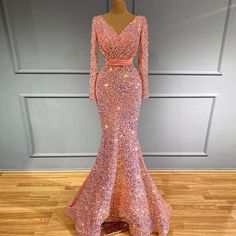 Pink Sequined Mermaid Muslim Evening Dress: Long Sleeve Luxury Elegant Formal Gown for Women's Wedding Pink Mermaid Dress For Prom, Pink Fitted Prom Evening Dress, Pink Fitted Evening Dress For Prom, Fitted Pink Evening Dress For Prom, Pink Mermaid Dress For Prom Season, Pink Mermaid Hem Prom Gown, Pink Mermaid Dress For Prom Evening, Pink Fishtail Dress For Prom, Pink Fishtail Mermaid Dress For Prom Season