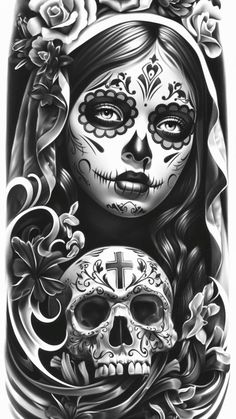 a woman with sugar skulls and roses on her face is shown in black and white