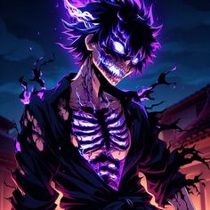 an anime character with purple hair and skeleton makeup, standing in front of a dark background