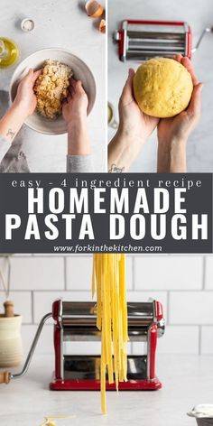 homemade pasta dough being made in the kitchen with text overlay that reads easy and ingredients needed to make homemade pasta dough