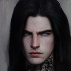 a man with long black hair and blue eyes