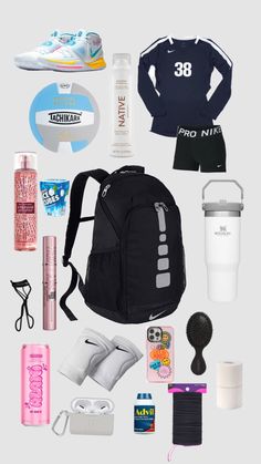 the contents of a backpack are arranged neatly on a white background, including shoes, water bottles, and other items