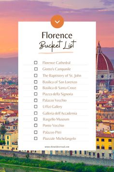 A plan of the 13 best sights in Florence, Italy. It consists of Florence Cathedral, Giotto's Campanile, The Baptistery of St. John, The Basilica of San Lorenzo, The Basilica of Santa Croce, Piazza della Signoria, Palazzo Vecchio, Uffizi Gallery, Galleria dell'Accademia, Bargello Museum, Ponte Vecchio, Palazzo Pitti and Piazzale Michelangelo. Florence Bucket List, Florence Travel Guide, Italy Bucket List, Italy Trip Planning, Florence Cathedral, Bucket List Travel, Visit Florence, Florence Travel