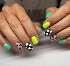 Luminary Nail Systems | “Every day is a fresh start” . @nailedbymal ❖ . #checkermani #checkernails #checkerdesign #brightnails #neonnails #summernails #summer… | Instagram Neon Retro Nails, Checkered Nail Ideas, Nail Designs Bright Colors, Cars Nails, Racing Nails, Cowboy Nails, Checkered Nails, Natural Gel Nails