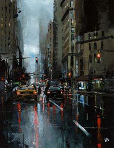 a painting of a city street at night