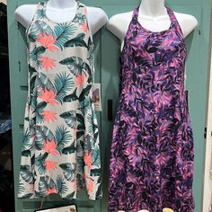 Nwt Bundle Of Kyodan Outdoor Athleisure Halter Dresses, Size Small, Total Of 2 Dresses. Perfect For Outdoor Fun! Stay Cool While Enjoying Your Day! Hiking, Tennis, Cruising, Shopping, Beach, Travel, Lunch, Sports, Leisure Time, Picnic, Outdoors! The First One Is A Tropical Vibe Print With Grey Background, Shades Of Green, With Shades Of Peach Flowers. It Is Stretchy Material Made Of Polyester And Spandex. It Has Zip Up Side Pockets And Double Cross Back Straps (See Picture). Approximate Flat Mea Sporty Pink Summer Dresses, Sporty Pink Dresses For Summer, Sporty Sleeveless Pink Dress, Sporty Workout Dresses For Summer, Summer Sports Racerback Dress, Summer Sports Dresses With Racerback, Summer Athleisure Sports Dresses, Summer Athleisure Dresses For Sports, Sporty Racerback Summer Dresses