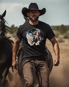 Saddle up for a cosmic rodeo with our Bella Canvas Unisex T-shirt! This fun western design features a cowboy riding through space, complete with a bucking horse for a wild rodeo twist. Bring a playful blend of frontier and intergalactic vibes to your wardrobe. Step into the whimsical world where the wild west meets outer space. Make a stellar statement with this one-of-a-kind tee! Soft cotton and quality print make users fall in love with it over and over again. These t-shirts have-ribbed knit collars to bolster shaping. The shoulders are tapered for a better fit over time. Dual side seams hold the garment's shape for longer. This t-shirt comes with a lightweight fabric (4.2 oz/yd² (142 g/m²)) that is easy to layer thanks to its breathability and the perfect choice for both active and leis Country Outfits Men, Bucking Horse, Western Wear Outfits, Ranch Life, The Wild West, Western Design, Workwear Fashion, Outfits Men, Cut Tshirt