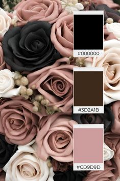 a bunch of flowers that are in the color pink and black with some brown on top