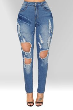 Light Blue Denim Distressed Skinny Jeans Denim Blue Ripped Mid-rise Jeans, High Rise Denim Jeans With Holes, High Rise Jeans With Holes In Medium Wash, Blue Ripped Jeans For Fall, Blue Denim Jeans With Holes, Trendy Blue Jeans With Holes, Blue Jeans With Holes For Spring, Cool Girl Style, Party Dress Long Sleeve