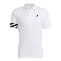 Men's adidas Logo Printing Stripe Button Short Sleeve Polo Shirt White HA3115 Golf Polo Shirt With Three Stripes, Casual Three Stripes Polo Shirt For Golf, Sporty Collared Polo Shirt With Three Stripes, Casual Three-stripes Golf Tops, Sporty Cotton Golf Shirt, Casual Tops With Three Stripes For Golf, Casual Three Stripes Tops For Golf, Adidas Casual Short Sleeve Polo Shirt, Adidas Cotton Golf Tops