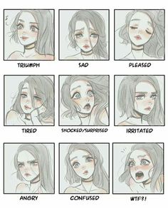 the stages of facial expressions in an anime character's face, with text below