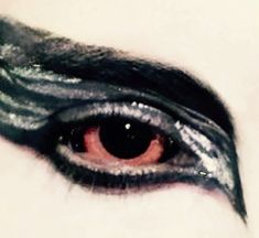 an eye with black and white makeup is shown in this close up photo, it appears to be looking into the distance