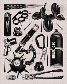 black and white drawing of various items that include scissors, hair dryer, razors, an ink pen