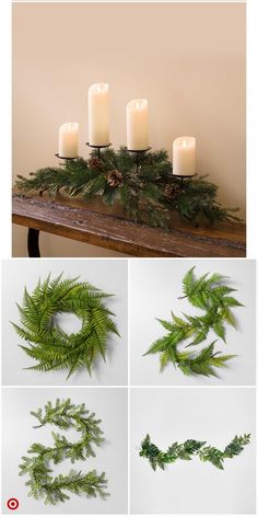 christmas wreaths and candles are arranged on a table with evergreen branches, pine cones and other greenery