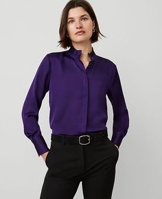 We've paired a pretty ruffle neck with a hidden button front placket, for a look that's that the definition of elevated ease. Ruffle jewel neck. Long sleeves with button cuffs. Hidden button front placket.,Imported:Imported,Fit:26" long,Fabrication:100% Polyester,Garment Care:Machine Washable Ruffle Neck Blouse by Ann Taylor Size regular - Small Midnight Mulberry Women's Split, Neck, Long, Sleeve, Blouse, Tops, 100%, Polyester, Machine, Washable Formal Purple Blouse With Button Closure, Ruffle Neck Blouse, Career Fashion, Blouse Tops, Petite Tops, Jewel Neck, Work Wardrobe, Effortless Style, Ann Taylor