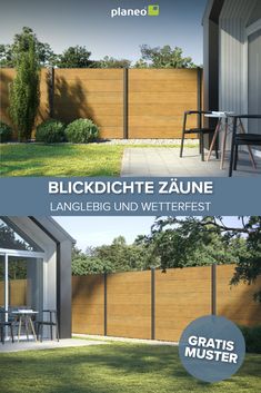 an advertisement for a fenced in backyard area with grass and wooden privacy wall panels